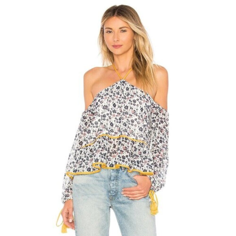 TULAROSA Syrah Top Floral Print Contrast Blouse Ruffle Off The Shoulder Sz S NWT